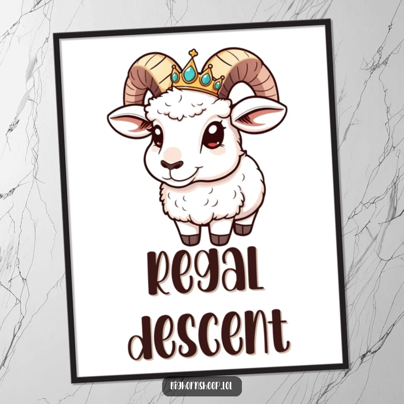 Funny Digital Art Print: Bighorn sheep with a jeweled crown sliding down its horn, a humorous illustration.
