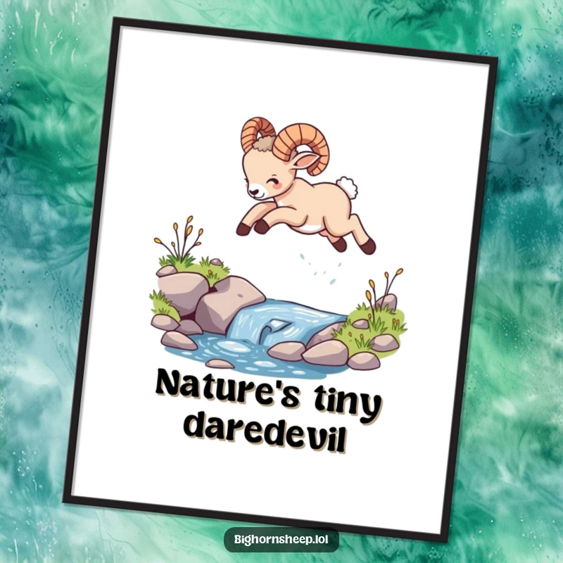 Funny bighorn sheep cub digital art print, capturing the cub leaping dynamically over a stream, full of joy and movement.
