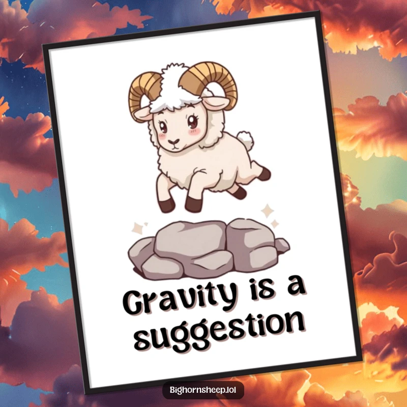 Funny bighorn sheep with a fuzzy cape, captured mid-leap, rendered as a vibrant and humorous digital art print.