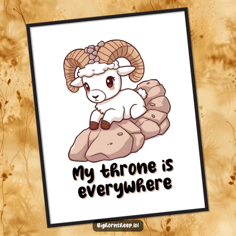 Funny bighorn sheep wearing a pebble crown gleefully slides down a rocky slope, presented as a funny digital art print for wall decor.