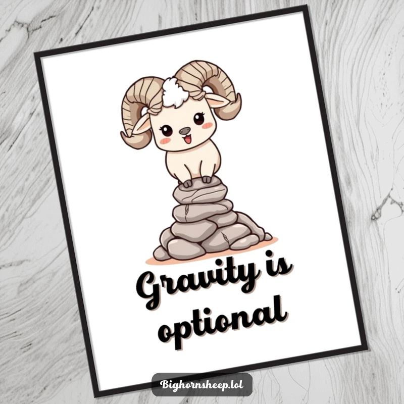 Funny, happy bighorn sheep character balancing a stack of small rocks, presented as a funny digital art print for serene decor.