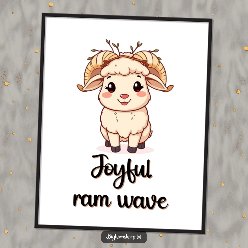 Funny bighorn sheep digital art print, a cheerful sheep crowned with twigs, waving happily, instant decor.