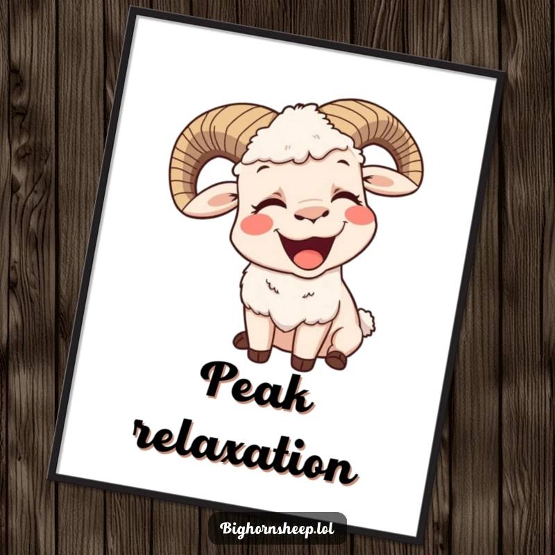 Funny digital art print of a bighorn sheep yawning with a big, contented smile, embodying hilarious relaxation and peace.