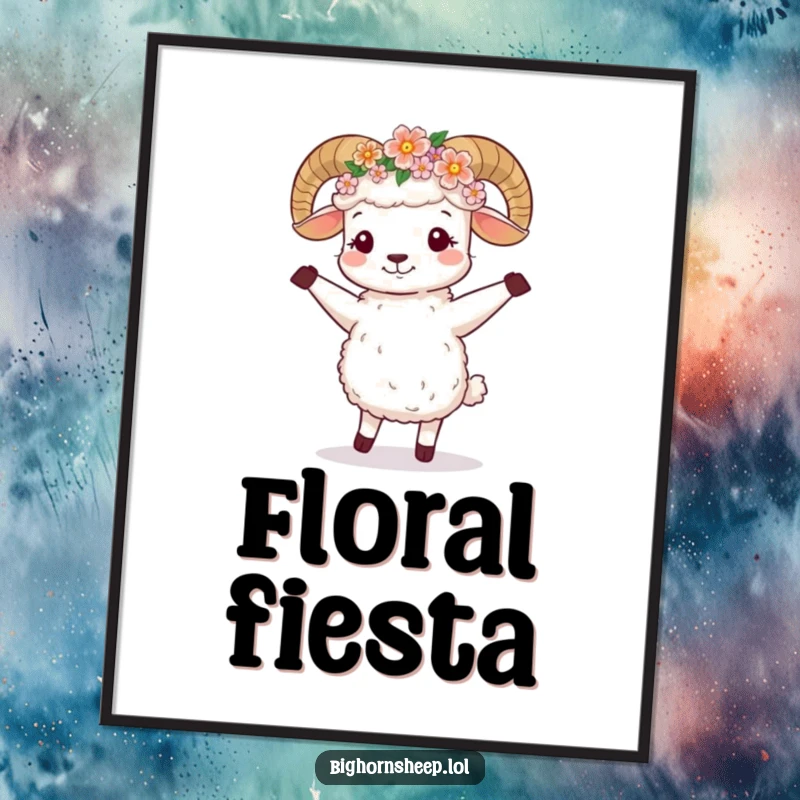 Funny Digital Art Print: Cute bighorn sheep with a flower crown, joyfully dancing.