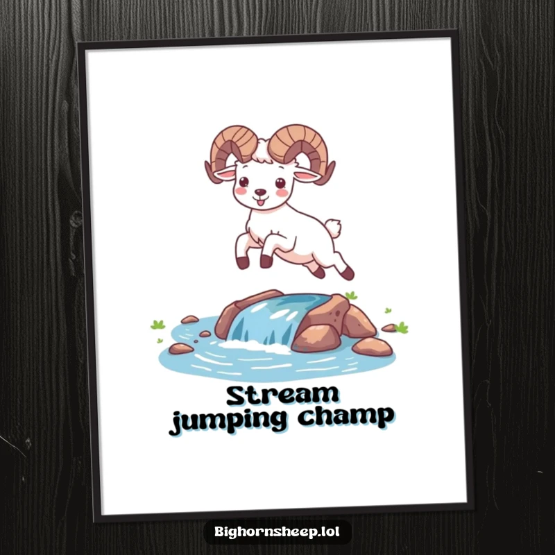 Funny happy bighorn sheep leaping over a small water stream, digital art print. Joyful desert animal illustration for instant download.