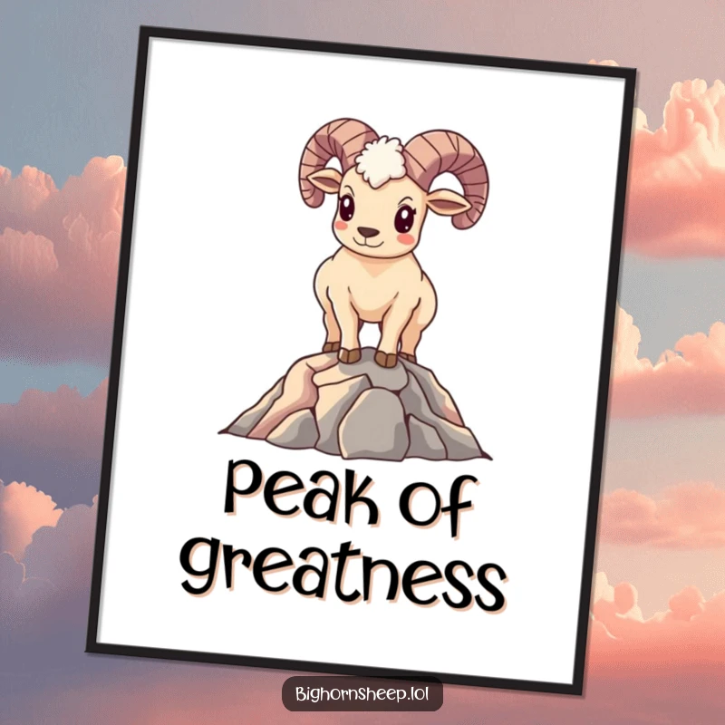 Funny Bighorn Sheep Digital Art: Smiling sheep standing proudly on a mountain peak, offering instant downloadable inspiration and humor.