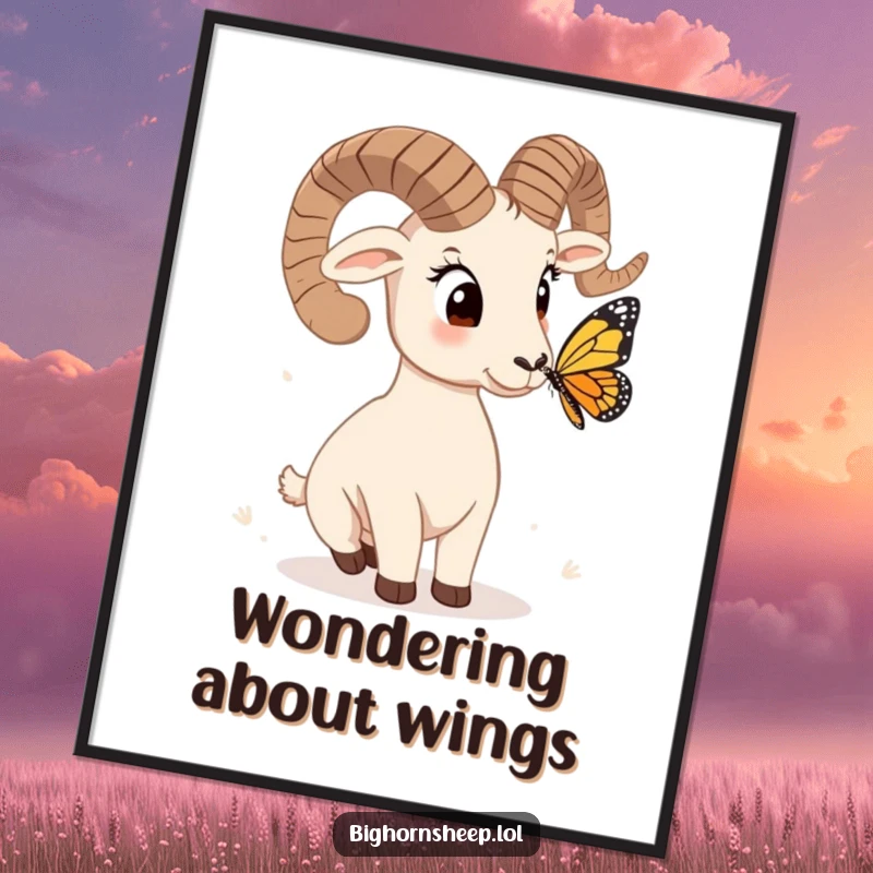 Funny bighorn sheep digital art print, head tilted quizzically at a butterfly, a humorous and artful piece for instant decor.