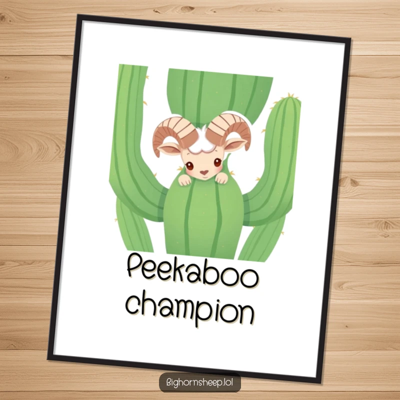 Funny shy bighorn sheep peeking from behind a cactus, digital art print. Humorous desert animal illustration for instant download.