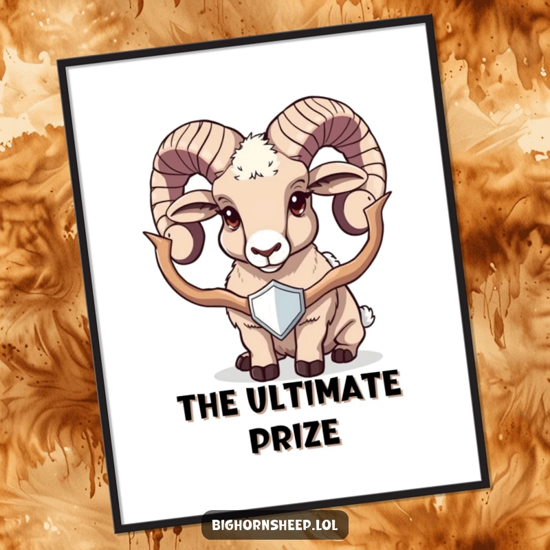 Funny bighorn sheep digital art print of a proud sheep displaying a shiny trophy, a humorous and celebratory decoration.