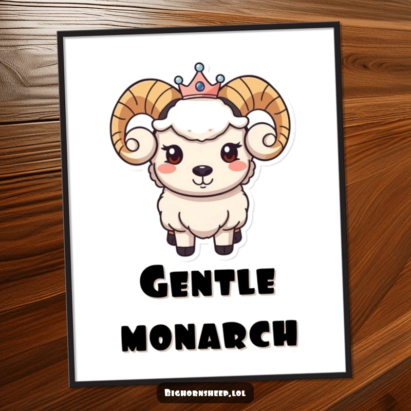 Funny digital art print of a bighorn sheep character with a serene smile and a small, elegant crown, exuding gentle royalty.