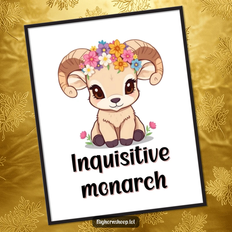 Funny bighorn sheep cub wearing a wildflower crown, looking inquisitive, as a high-resolution digital art print.