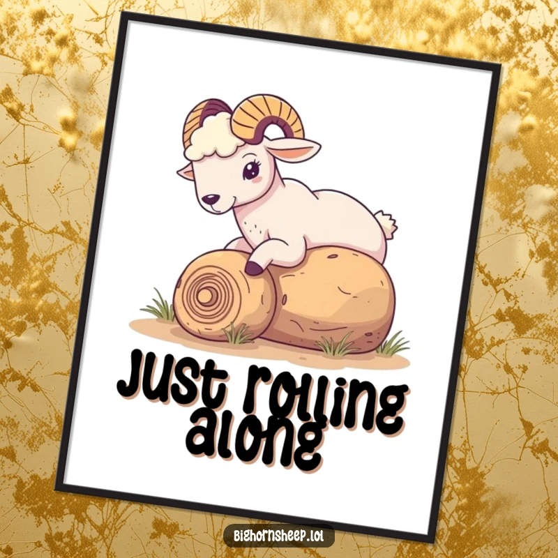 Funny Bighorn Sheep Digital Art: Sheep playfully nudging a rolling tumbleweed, offering instant downloadable desert humor and charm.