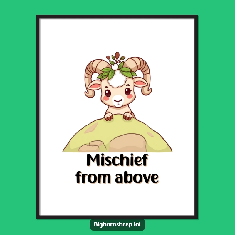 Funny Mischievous Bighorn Sheep Leafy Crown Digital Art: Instant Playfulness for Your Walls!