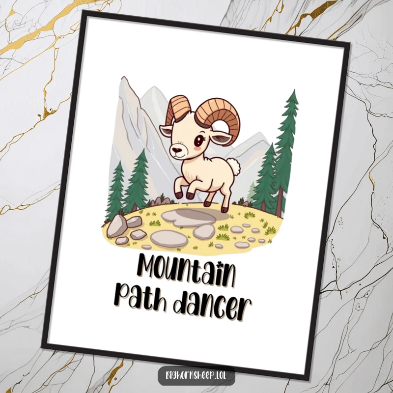 Funny bighorn sheep digital art print, capturing the sheep playfully skipping along a mountain path, full of joy.