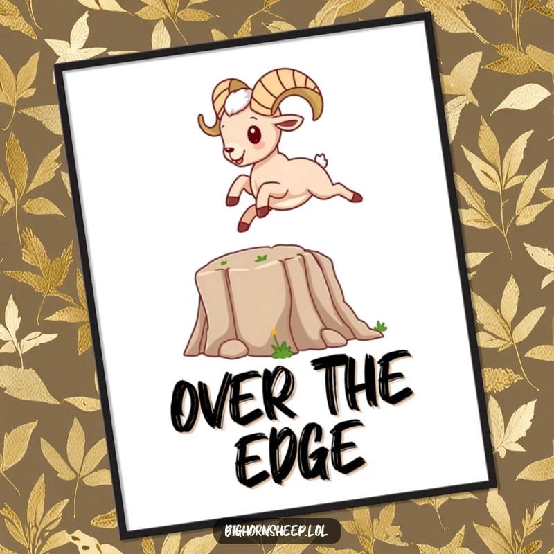 Funny bighorn sheep character energetically leaping over a cartoon canyon, as a high-resolution digital art print.
