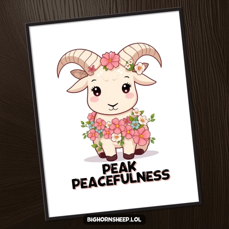 Funny bighorn sheep wearing a flower garland, looking serene, created as humorous and tranquil digital art.