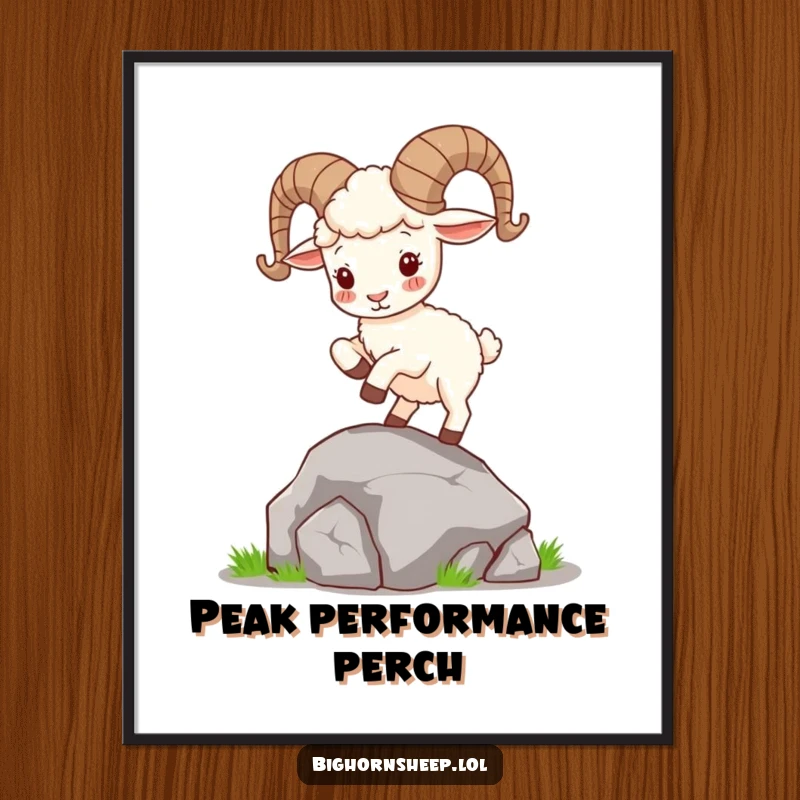 Funny Bighorn Sheep Digital Art Print: Cute sheep with curly horns humorously hops on a rock, offering instant downloadable fun and decor.