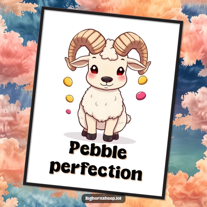 Funny bighorn sheep juggling colorful pebbles with its horns as a digital art print, full of personality.