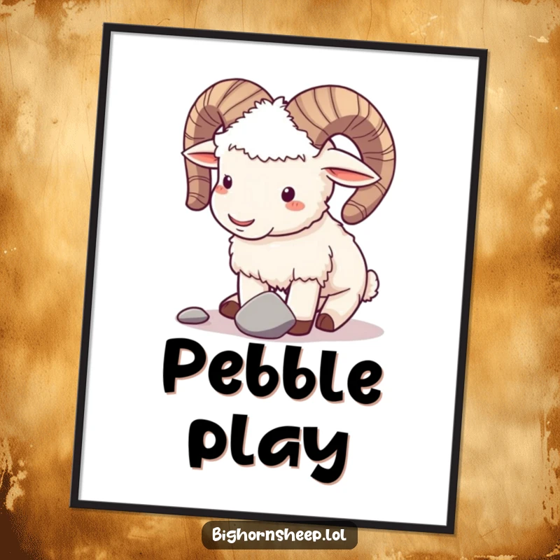 Funny digital art print of a playful bighorn sheep gently butting horns with a small pebble, conveying humor and charm.