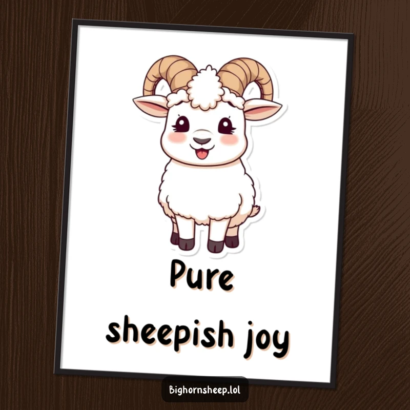 Funny digital art print of a bighorn sheep with a joyful giggle, sporting charmingly misplaced wooly ear muffs, ready to spread cheer.