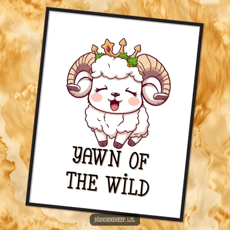 Funny sleepy bighorn sheep digital art print, a yawning sheep wearing a moss crown, instant tranquil decor.