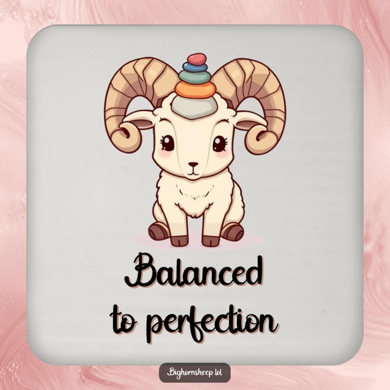Funny bighorn sheep balancing a stack of colorful pebbles on its horns, printed on a coaster for balanced protection.