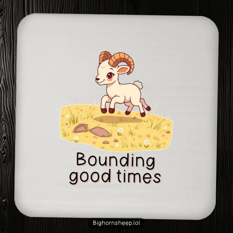 Funny bighorn sheep cub coaster, bounding energetically across a sunny meadow, a humorous and protective accessory for tabletops.