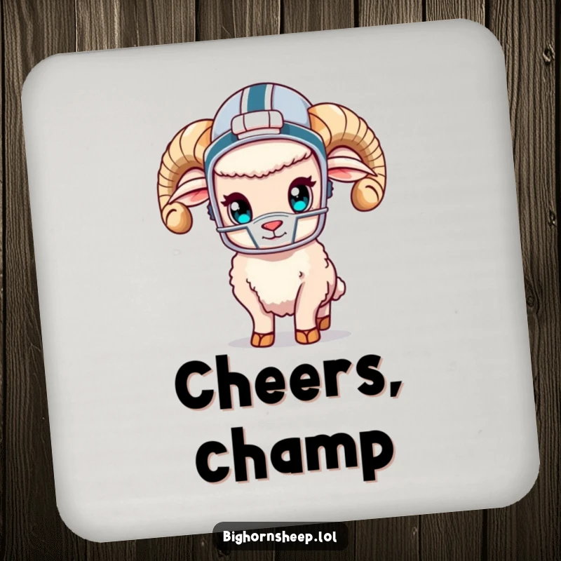 Funny bighorn sheep wearing a miniature football helmet, standing on a desk, on a protective drink coaster.
