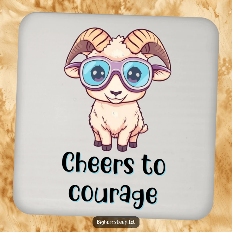 Funny drink coaster featuring a bighorn sheep comically wearing oversized goggles, ready for adventurous and humorous desk protection.