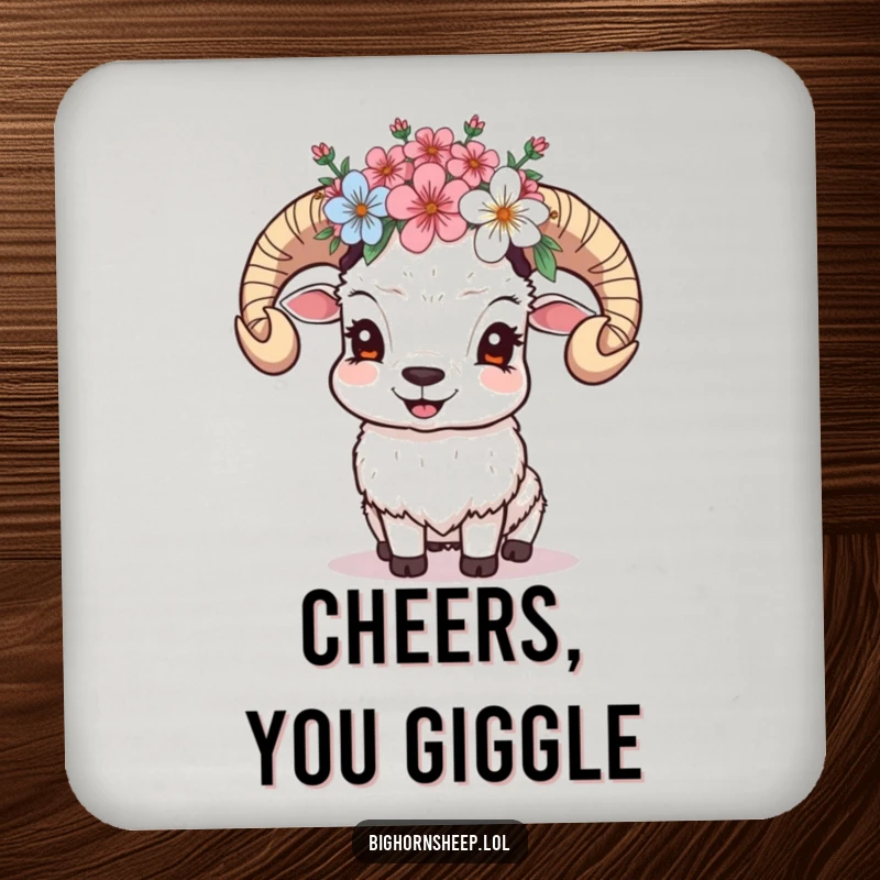 Funny Giggling Sheep Coaster: Sheep with a crown of alpine blossoms giggles, offering floral joy and surface protection.