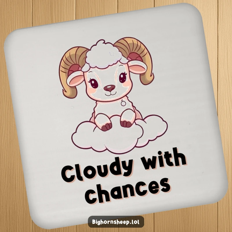Funny drink coaster featuring an adorable bighorn sheep peeking from behind a soft cloud, adding a touch of whimsy.