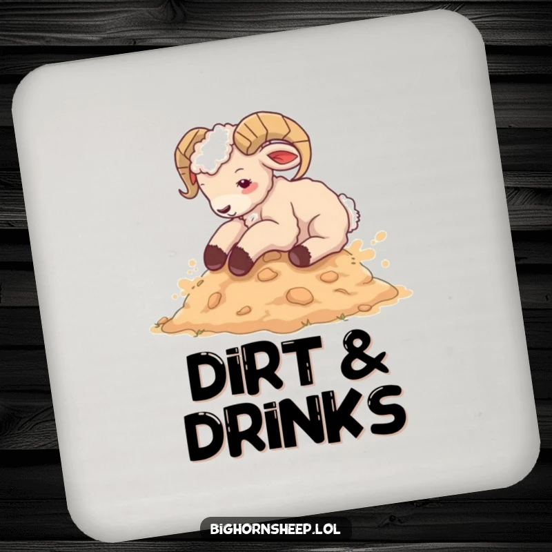 Funny bighorn sheep cub coaster, joyfully rolling in dust, protecting surfaces with a hilarious and adorable design.