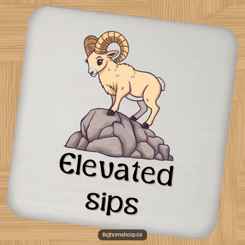 Majestic bighorn sheep striking a dramatic pose on a rocky outcrop, detail on a protective drink coaster.