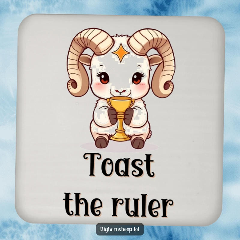 Funny bighorn sheep coaster showing a regal sheep holding a miniature golden chalice, protecting surfaces with humorous elegance.