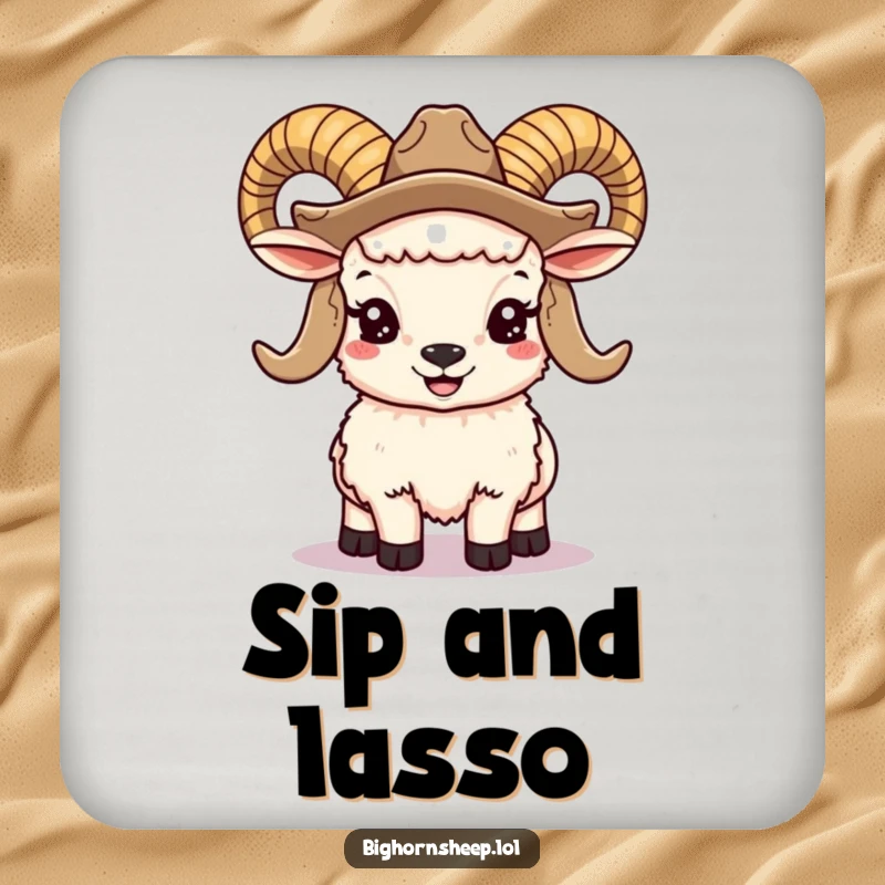 Funny bighorn sheep coaster featuring a smiling ram with large horns and a cowboy hat, a stylish and humorous protector.