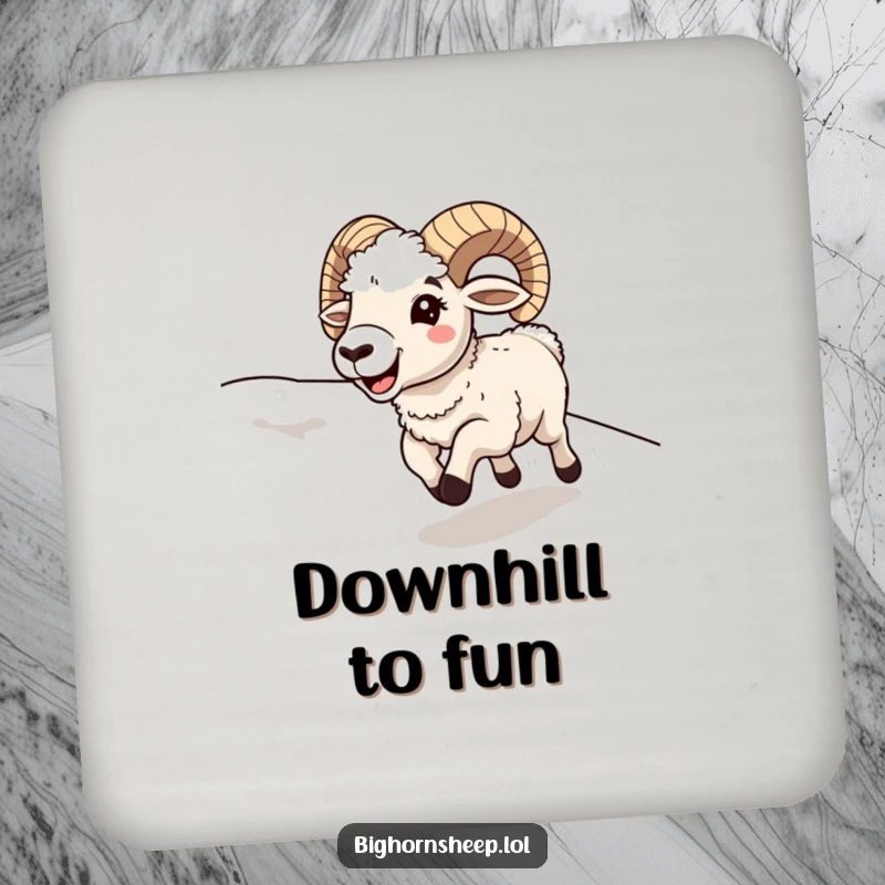 Funny bighorn sheep running downhill with a happy, open mouth, printed on a coaster with joyful flair.