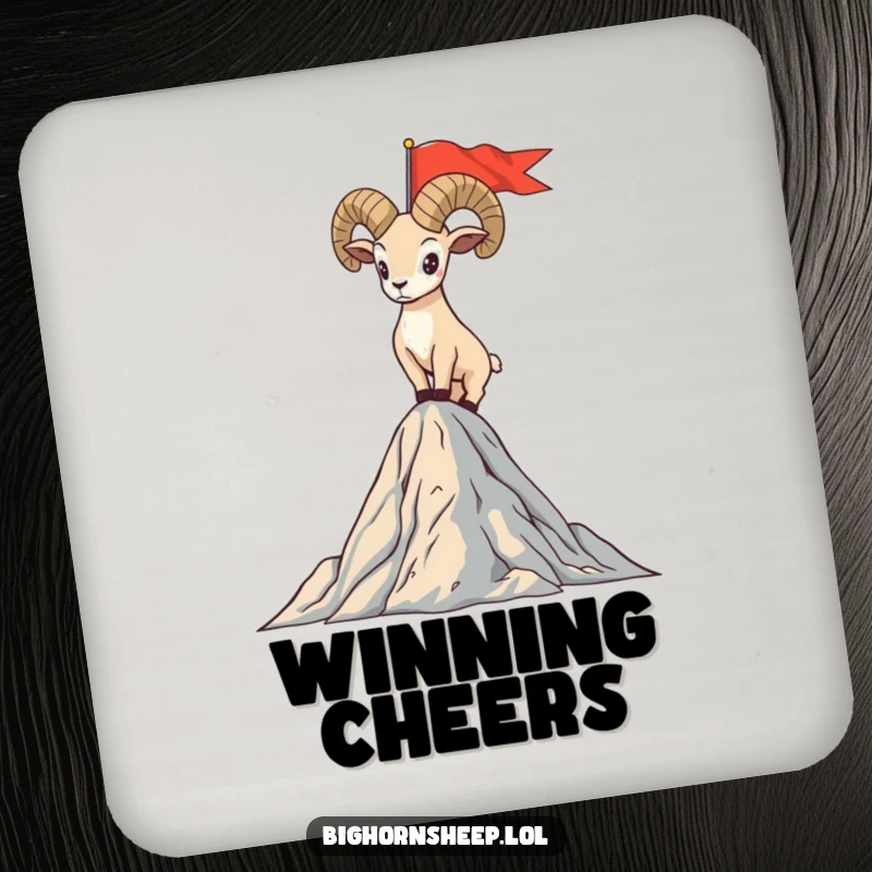 Funny drink coaster featuring a bighorn sheep standing proudly on a mountain peak with a flag, adding humorous triumph.