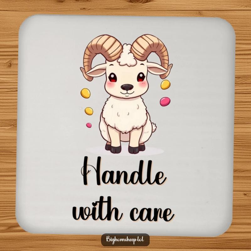 Funny bighorn sheep juggling pebbles with its horns, a whimsical and protective drink coaster.