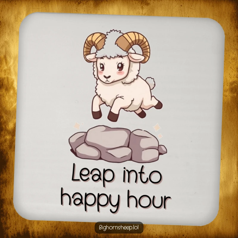 Funny bighorn sheep in a fuzzy cape, leaping over a small gap, printed on a drink coaster for humorous protection.