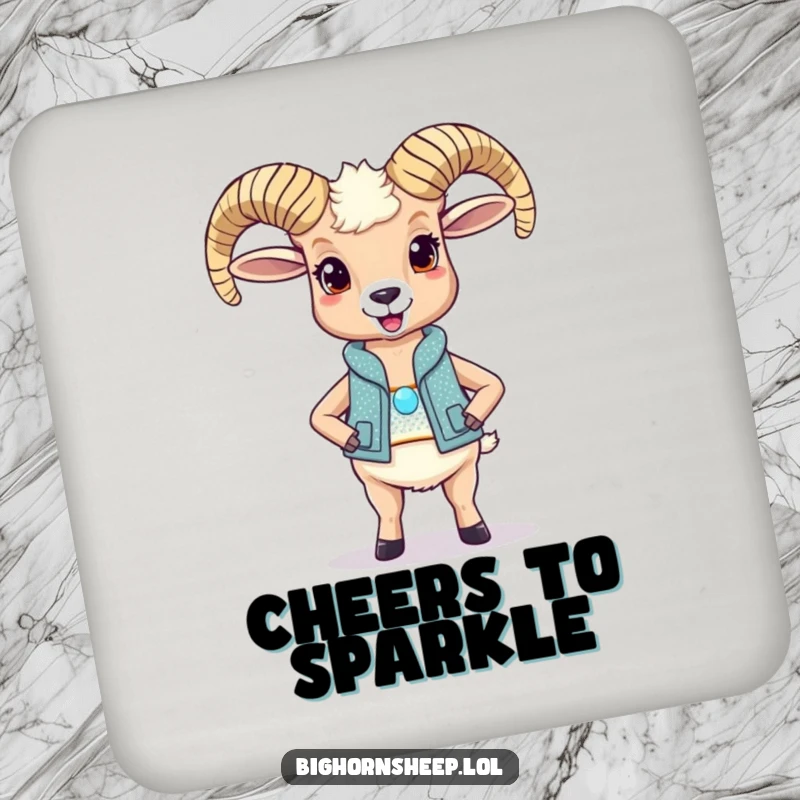 Funny bighorn sheep coaster, a delighted sheep in a sparkly vest, protecting surfaces with humor.