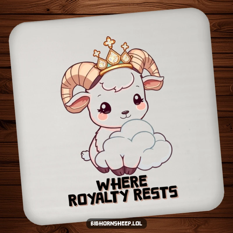 Funny bighorn sheep coaster, a sheep in a tiara humorously headbutting a cloud, adding a touch of royal comedy to tabletops.