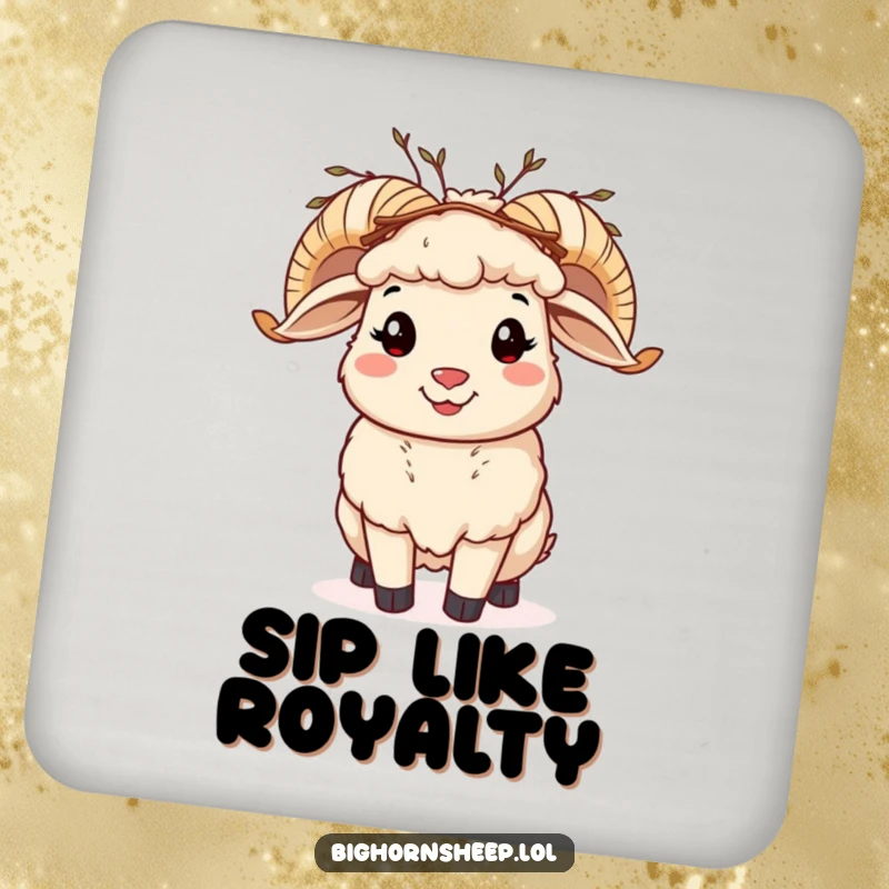Funny bighorn sheep coaster, a cheerful sheep with a twig crown, adding natural humor to tables.