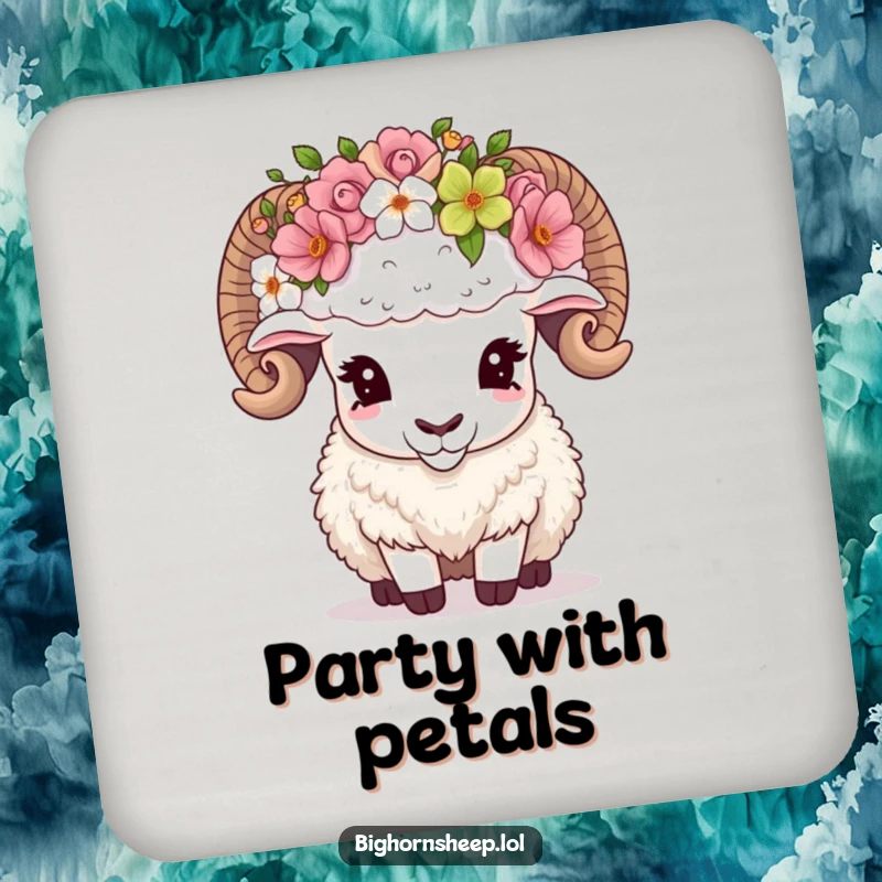 Funny Drink Coaster depicting a bighorn sheep comically adjusting an oversized flower crown, bringing rugged humor to any drink setting.