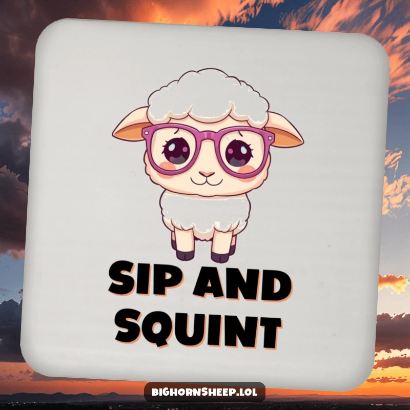 Funny Coaster: Sheep with oversized, sparkly glasses, wearing a playfully confused expression.