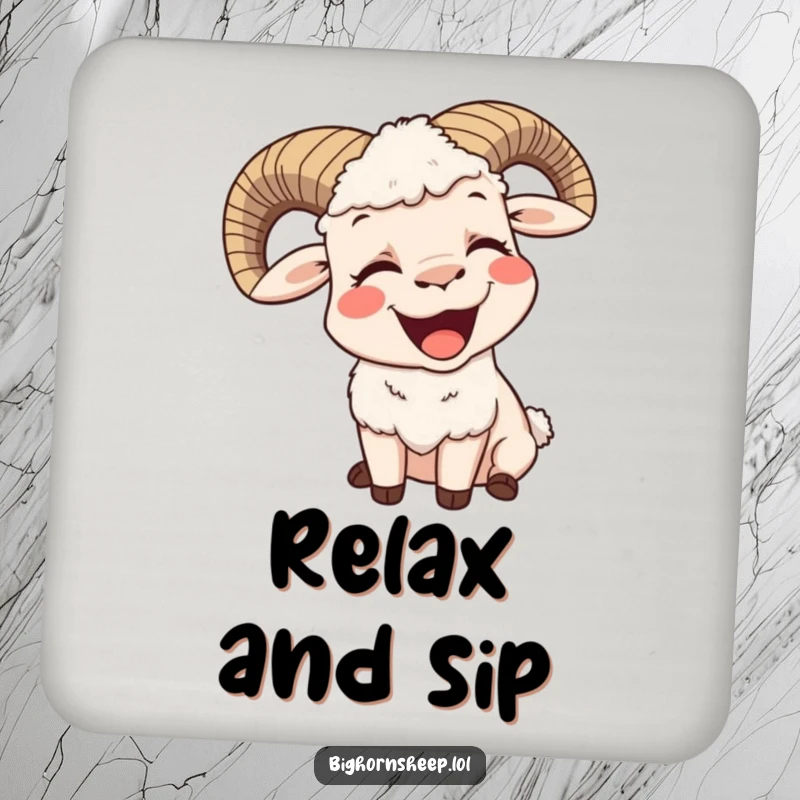 Funny drink coaster featuring a bighorn sheep yawning with a big, contented smile, adding humorous tranquility to any surface.