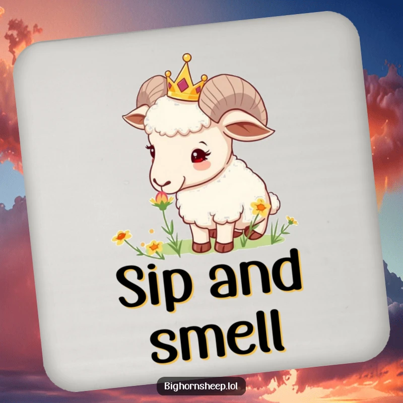 Funny Crowned Sheep Coaster: Curious sheep with a tiny crown sniffs a wildflower, offering natural charm and surface protection.