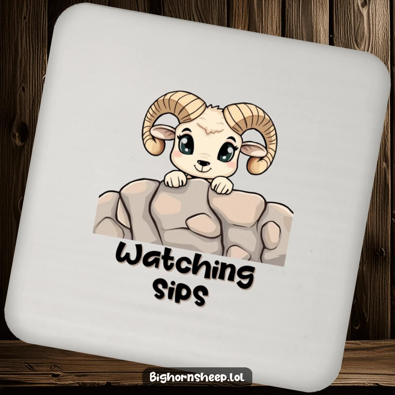 Funny Curious Bighorn Sheep Coaster: A coaster featuring a sheep with wide eyes curiously peeking over a rocky ledge.