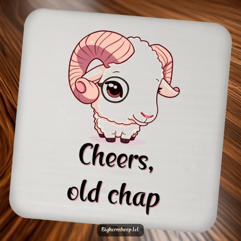Funny bighorn sheep winking and adjusting its monocle on a stylish drink coaster, offering protection with panache.
