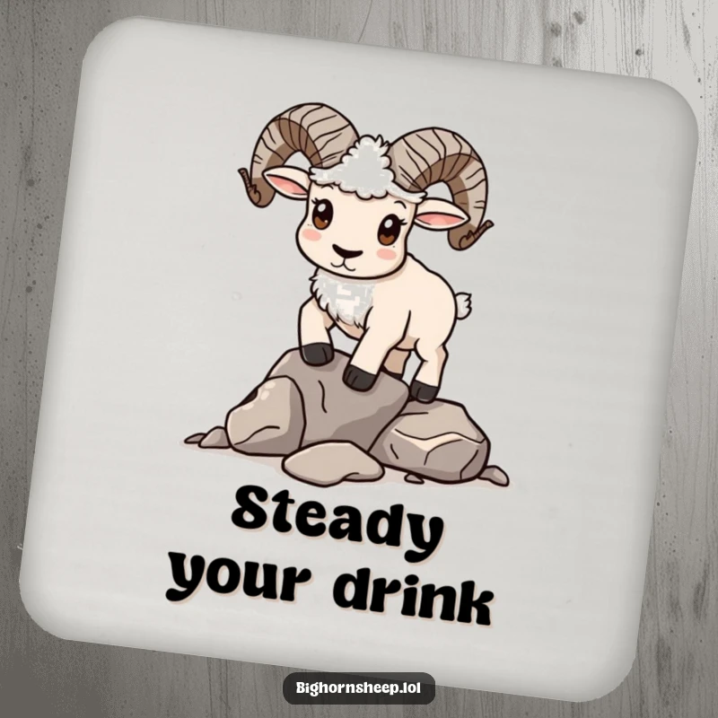 Funny Coaster: Bighorn sheep with a determined expression, attempting to balance rocks.