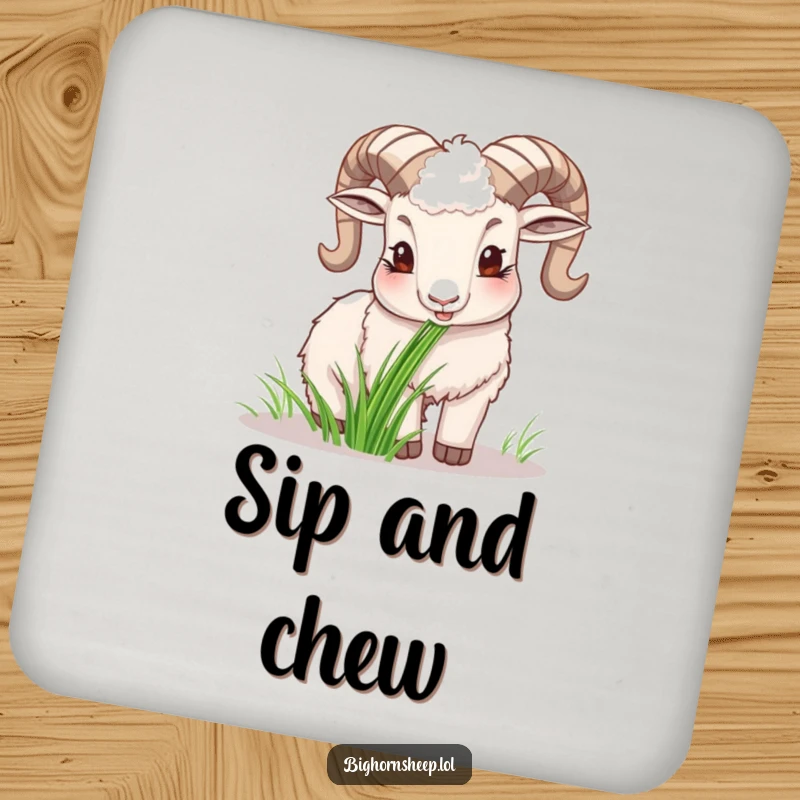Funny happy bighorn sheep drink coaster, showing the sheep peacefully chewing grass, adding cheerful charm.